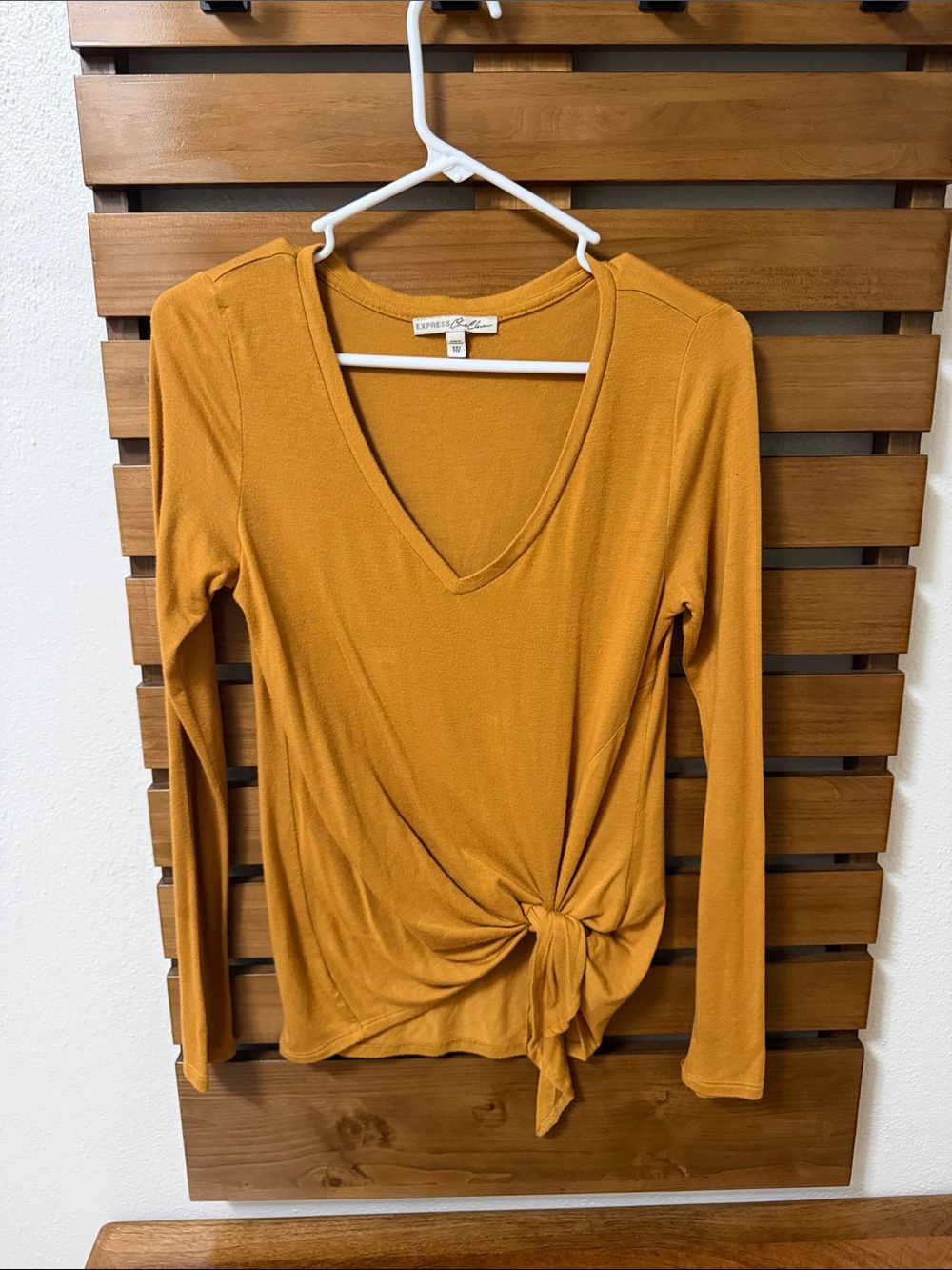 Express XXS Long-Sleeve V-Neck Knot Front Top - Mustard